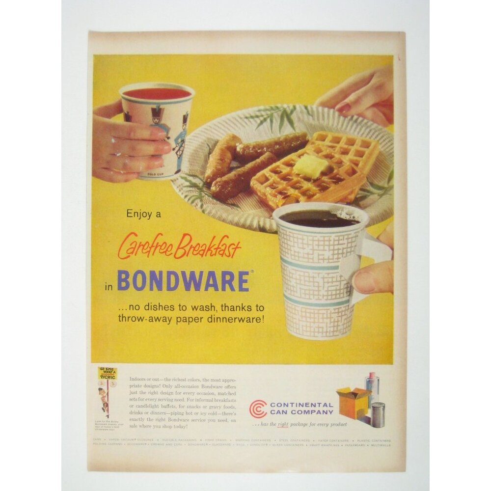 Vintage Continental Can Co Bondware Paper Dinnerware Ad 1950s MOD Picnic